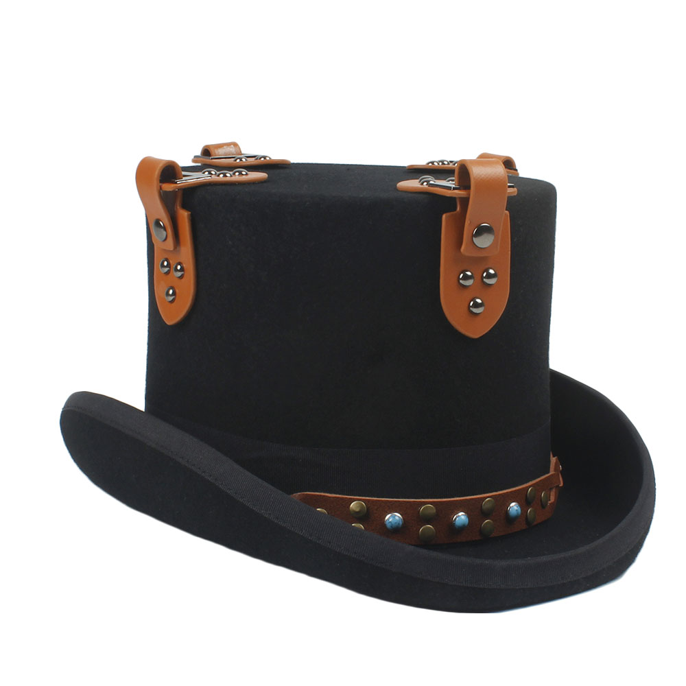 Black Steampunk Top Hat Voor Vrouwen Mannen Wol Stoom Punk Versnelling Hoed Millinery Fedora Bril Party Cosplay Cap Steampunk Hoed