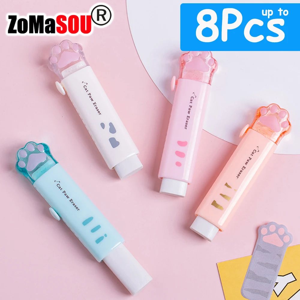 1-8Pcs ! Kawaii Cat Paw Rubber Erasers Retractable Pencil Eraser for Kids Students School Home Office Writing Drawing