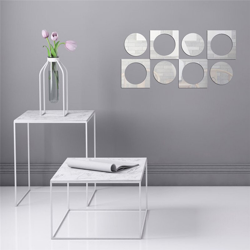 8 Stuks Vierkante Acryl Spiegel Stickers Home Decor Ronde Vorm 3D Spiegels Art Muur Voor Woonkamer Slaapkamer Keuken Decoratie
