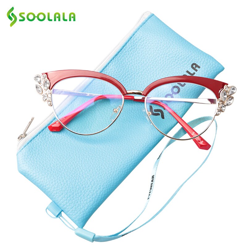 SOOLALA Anti Blue Light Glasses Women Cateye Rhinestone Eyeglass Frames Computer Anti Reflective Blue Light Blocking Glasses