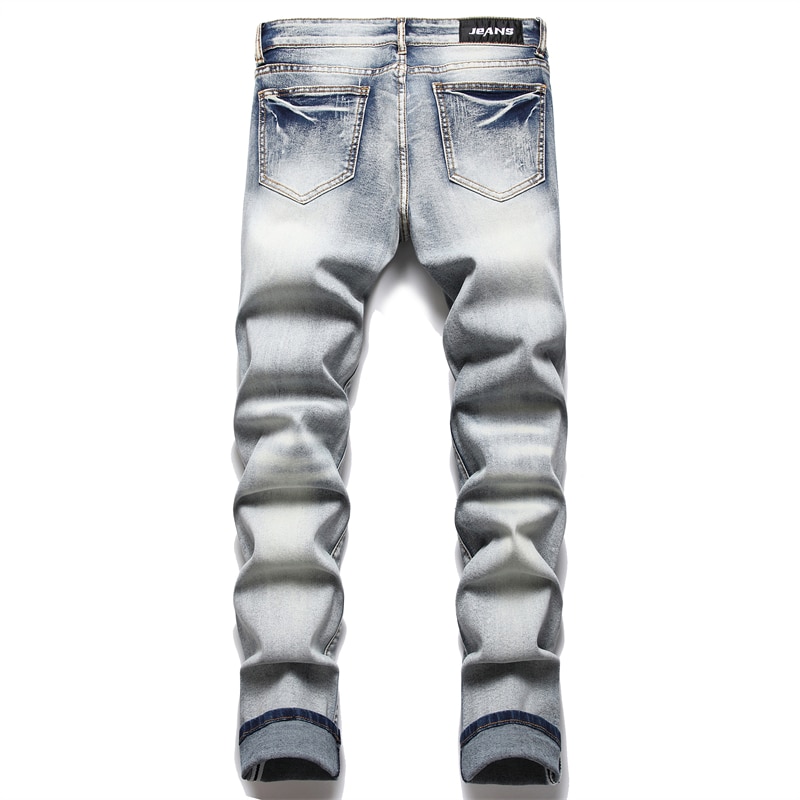 Pantalones vaqueros Retro azules rasgados para hombre, pantalones ajustados elásticos de , versátiles, con estampado de barba de gato