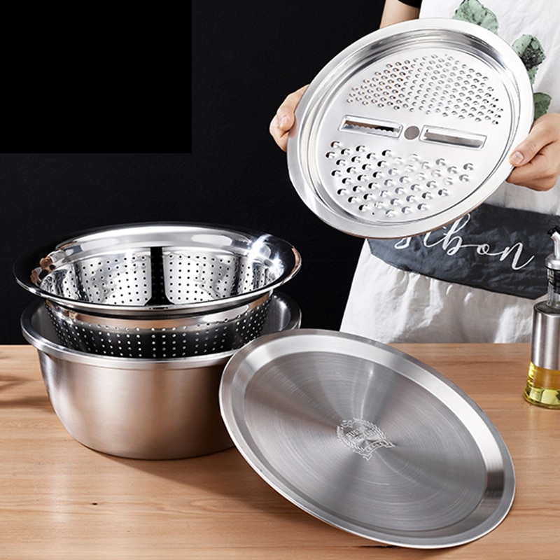 4PCS Set 304 Stainless Steel Bowl with Lid Kitchen Cooking Salad Mixing Bowls Set Washing Drain Basket Soup Basin Strainer