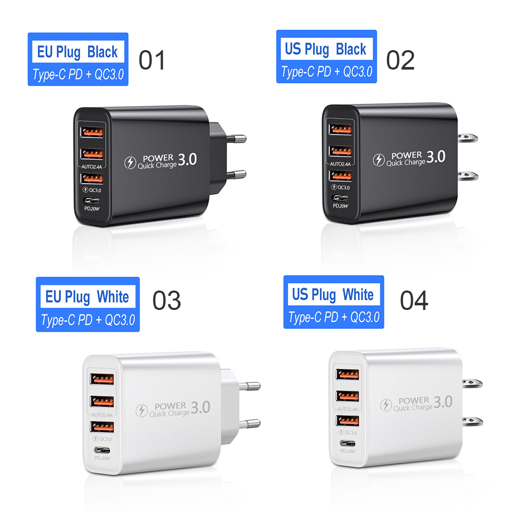 20W PD 4 Ports USB 5V4A Charge Power Adapter Mobile Phone Charger QC3.0 Charging EU/US Plug Outlet Travel Charger 110V 220V