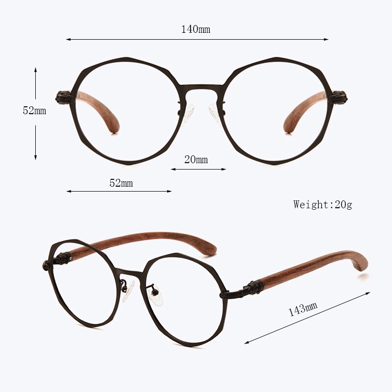 HDCRAFTER Round Wood Temple Metal Eyewear Prescription Eyeglasses Frame Women Myopia Optical Japanese Korean Glasses Frame Men