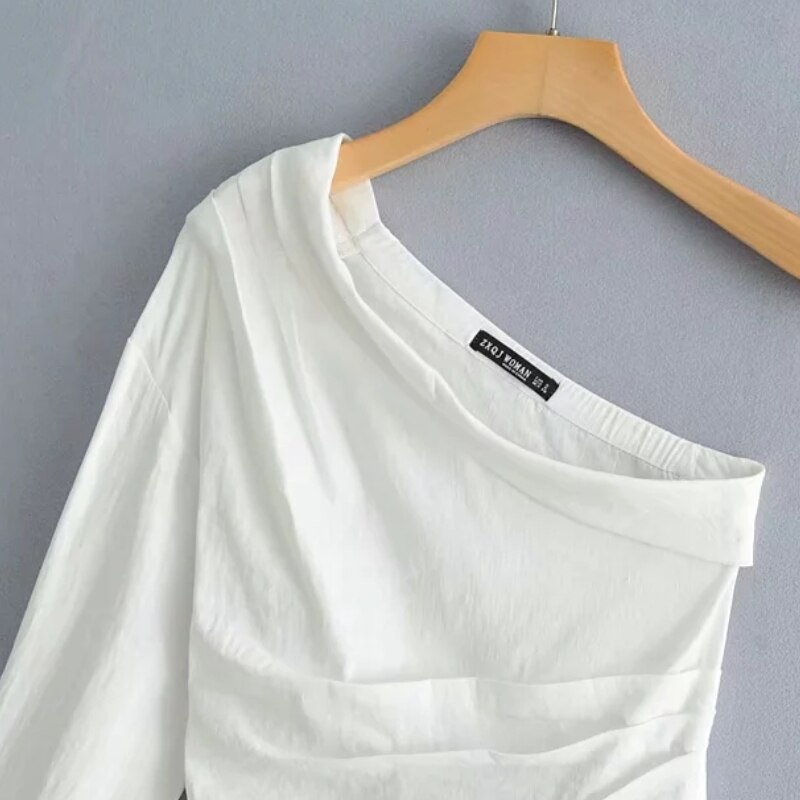 Chemise asymétrique à manches longues pour femme, plissée, décontractée, couleur blanche, été, style biais col chic hauts streetwear S5526