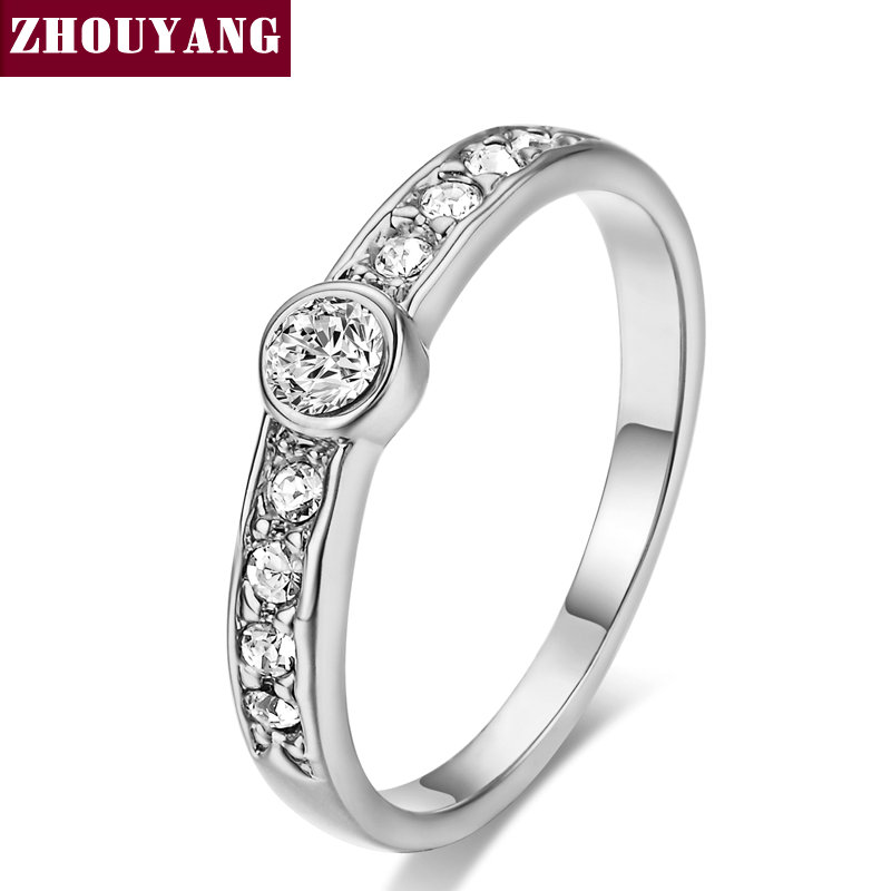 ZHOUYANG-Anillo de boda para mujer, Micro insertos clásicos de circonia cúbica, anillo de compromiso de boda, joyería de Color oro rosa R062: 7.25 / Rojo