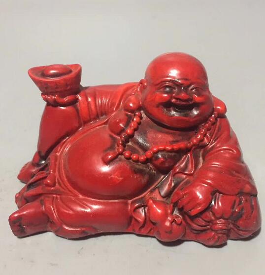 Chinese Handgemaakte Rode Koraal Gesneden Maitreya Boeddha Happy Buddha Lachende Boeddha Standbeeld Veilig En Geluk Woondecoratie