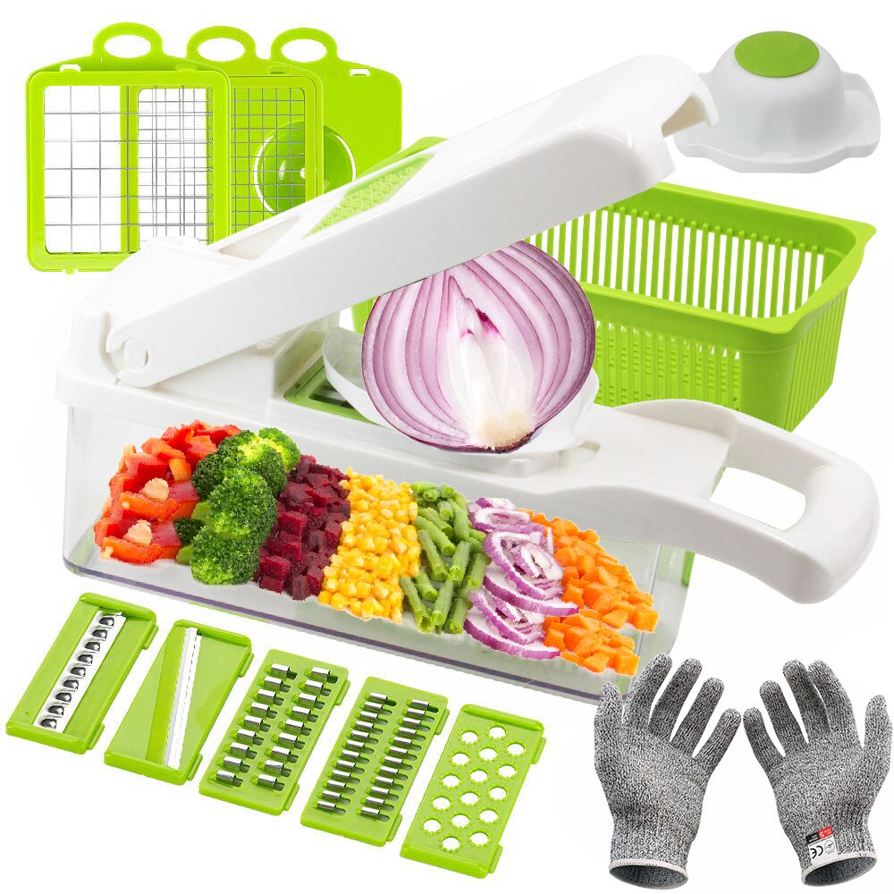 Multifunctional Vegetable Cutter Mandoline Slicer 8 Blades Vegetable Choppers With cut-resistant Gloves Onion Potato Slicer Dice: White with gloves