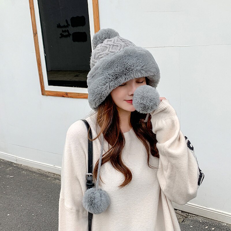Gorro de nieve grueso con pompones para mujer, gorro cálido de punto, suave, , para esquí, Invierno