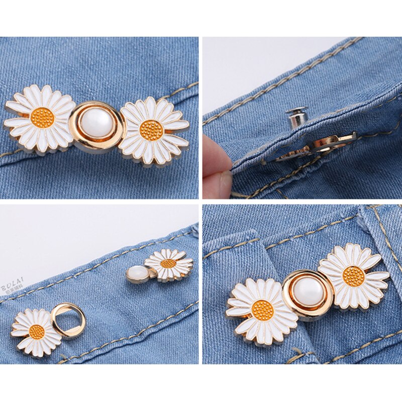 Broches para pantalones con flores de Margarita, alfileres con hebilla, Clip para apretar la cintura, botón desmontable ajustable para pantalones vaqueros, 2 uds.