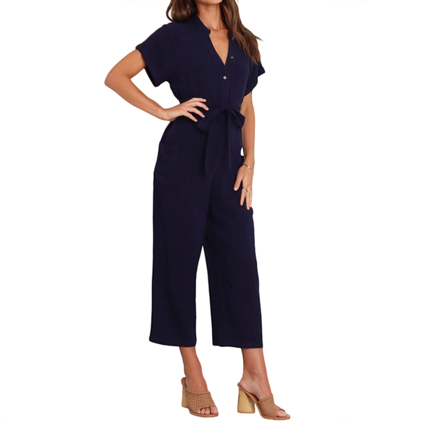 Women's Summer Jumpsuit Short Sleeve V Neck Loose Fit Tie Waist Overall Pants Woman's Costume with Pockets Wide Leg