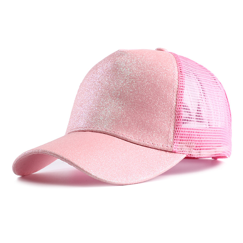 Gorra de béisbol con cola de caballo alta y purpurina para mujer, gorra Snapback informal de malla negra, blanca y rosa, Gorras de camionero para mujer 2023: Rosa