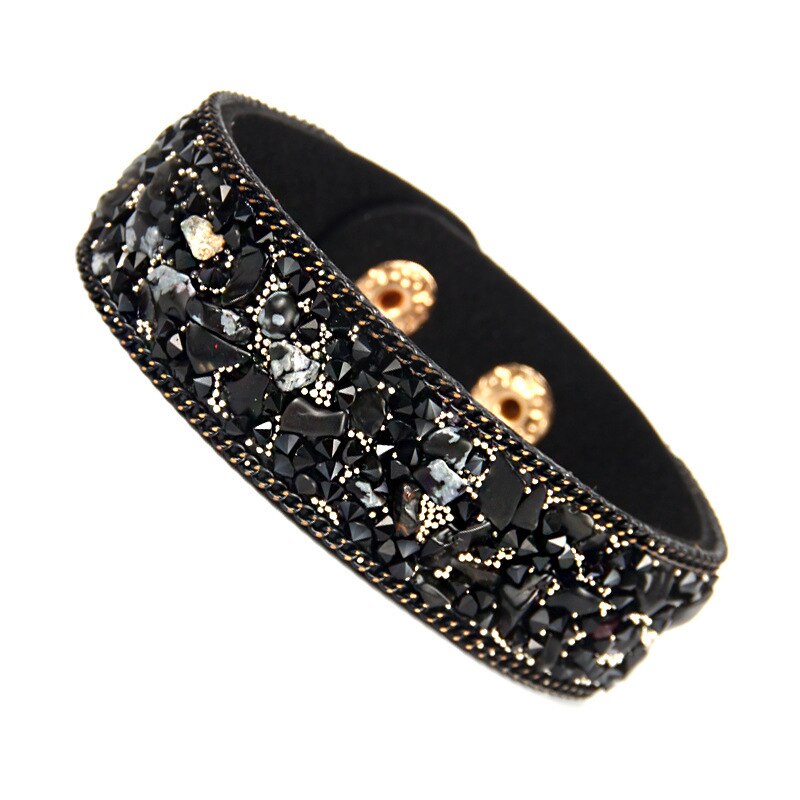 Pulsera de cuero con incrustaciones exageradas para mujer, brazalete con piedras naturales rotas de colores, joyería Unisex: black