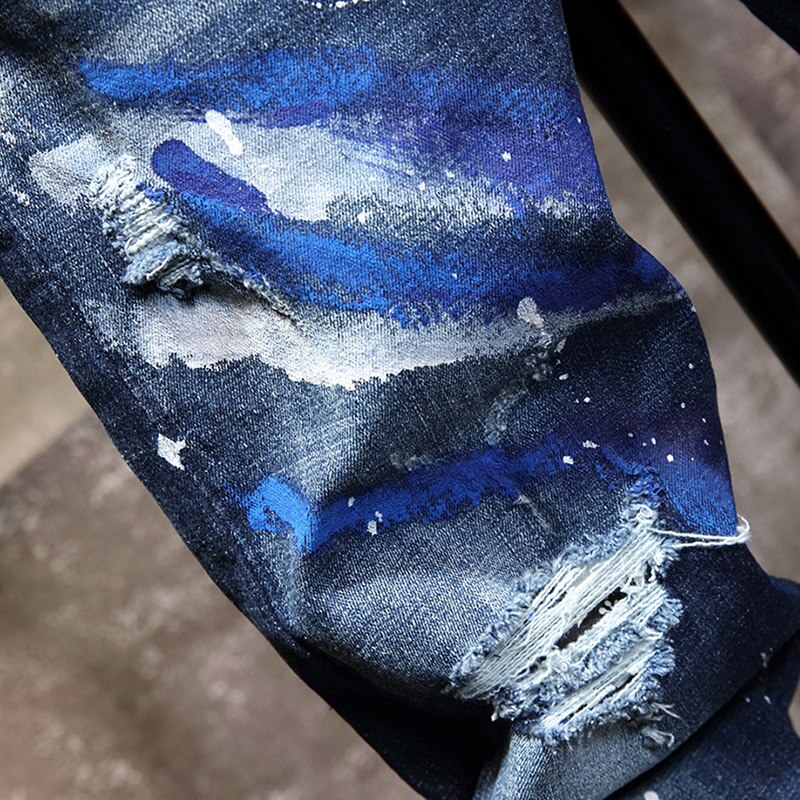 Heren Ripped Patch Jeans Jeugd Business Casual Stretch Slim Broek Mannelijke Koreaanse Mode Trend Blue Denim Broek
