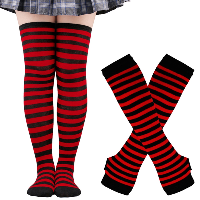 1 Set Women Gothic Punk Over Knee Long Stripe Socks Arm Sleeve Gloves for Girl Thigh High Cotton Socks Sweet Cute Christmas: Red
