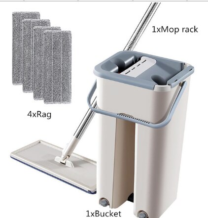 Flat squeeze mop and bucket, self-wringing, hands-free mop, microfiber mops, floor cleaning tools, wet/dry for hardwood, laminate, and tiles: 4 rag set
