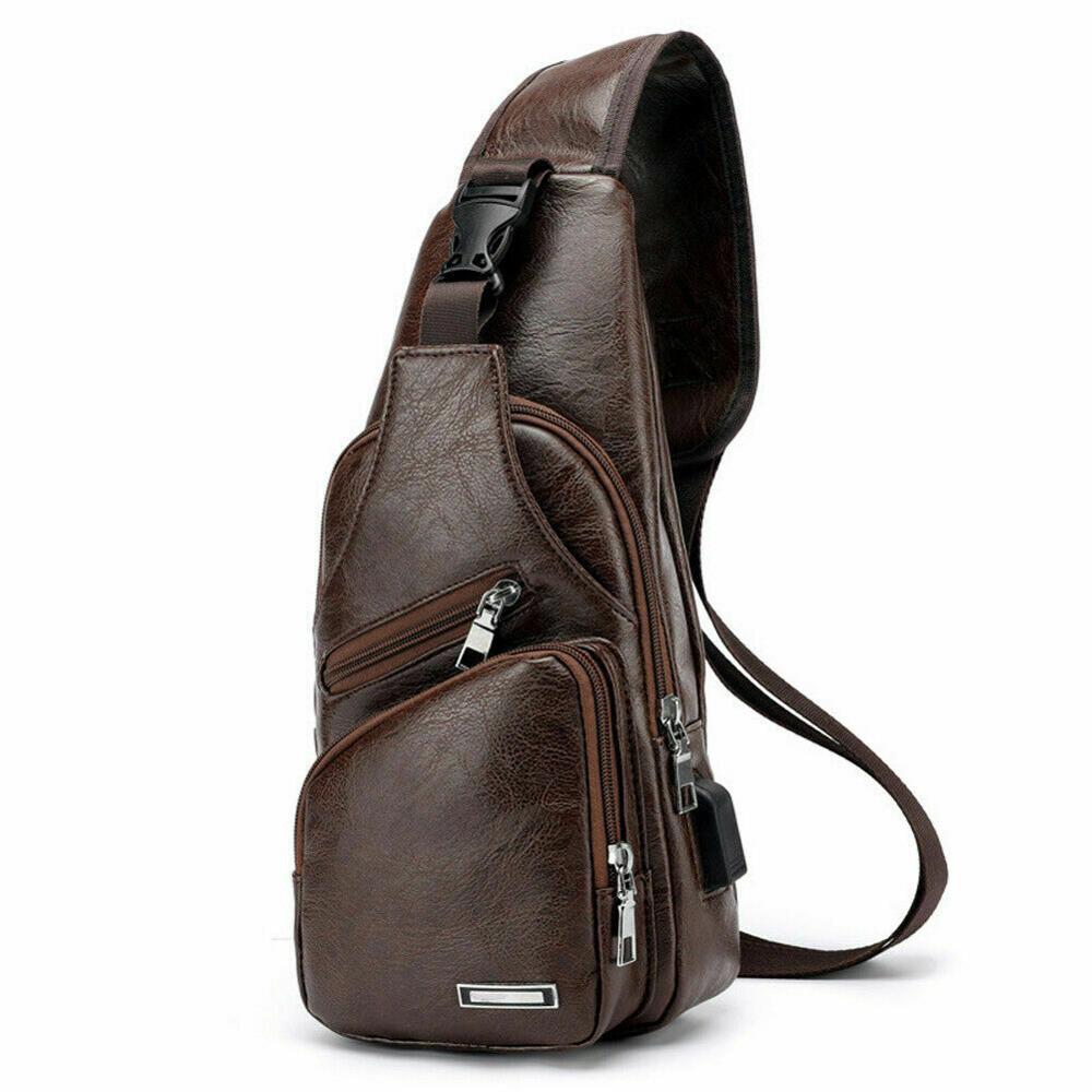 Men's Polyester Small Strap Chest Pack Messenger Bag USB Charging Pockets Sports Travel Bags: Brown
