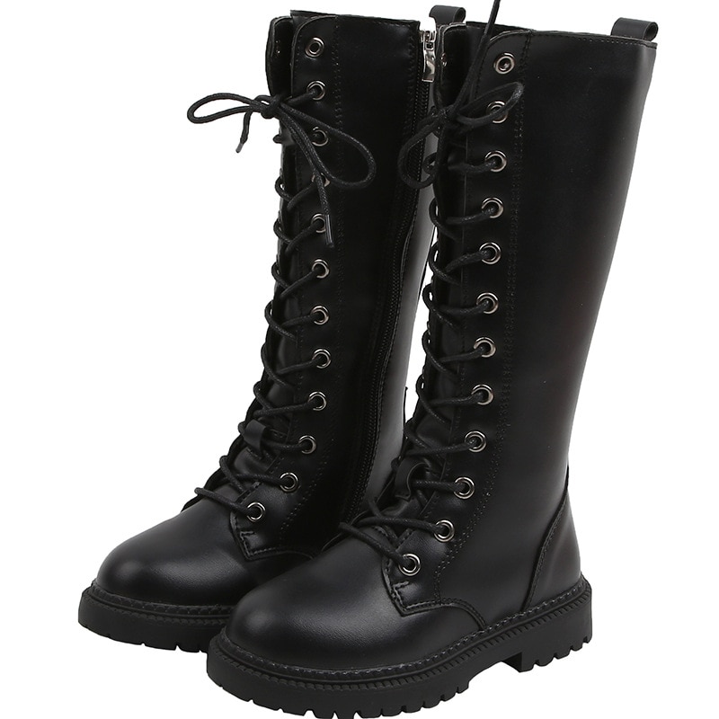 Classe bottes noires pour petites filles en cuir PU enfant en peluche bottes d'hiver enfant en bas âge solide bottes noires à lacets princesse bottes longues fermeture éclair