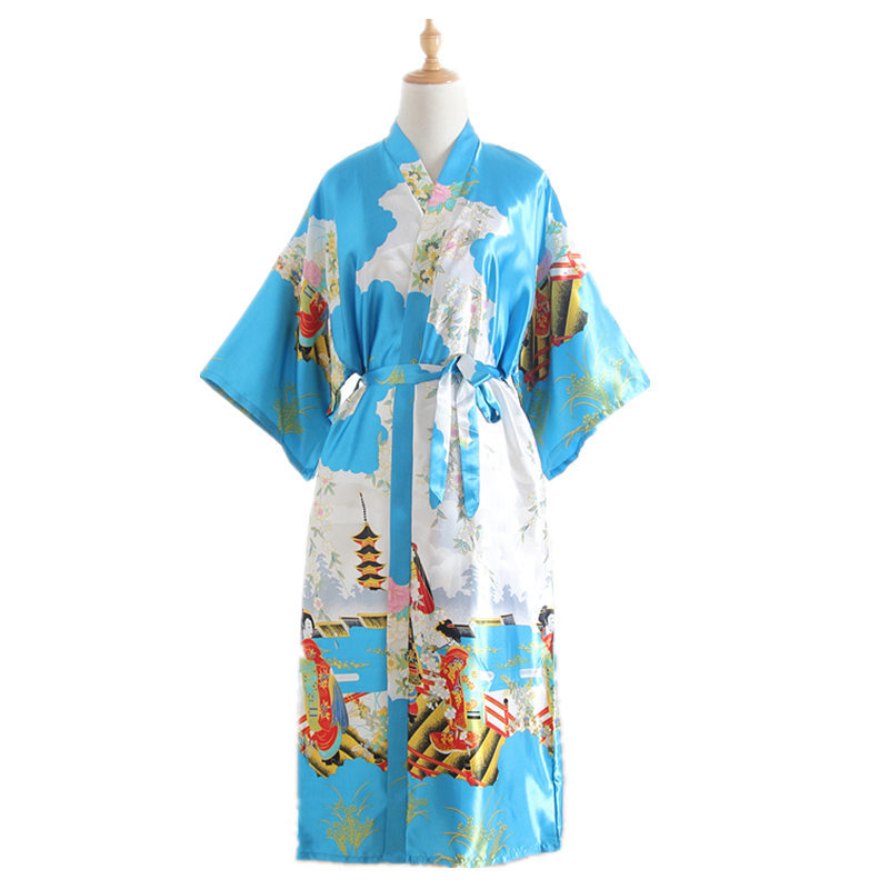Japanese Kimono Style Cardigan Satin Bathrobe Long Pajamas Night Robe Yukata For Women Japanese Clothes Peacock Print: Gold