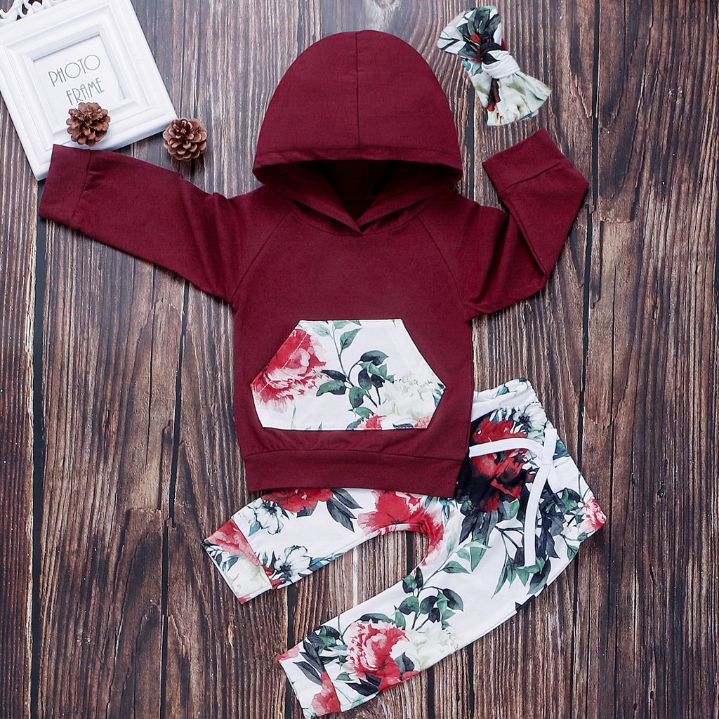 Telotuny Kinderkleding Kid Baby Girl Hooded Lange Mouwen Print Trui Tops Trainingspak + Bloemen Broek + Haarband Outfit set Jul3: 100