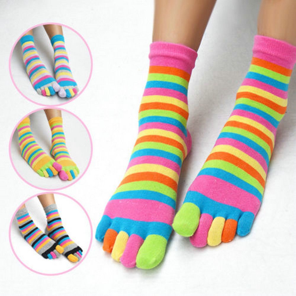5 kleur Mode Vrouwen Grappig Streep Teen Sokken Regenboog Katoen Vijf Vingers Sokken Casual Zachte Sokken Met Tenen Kleurrijke sokken
