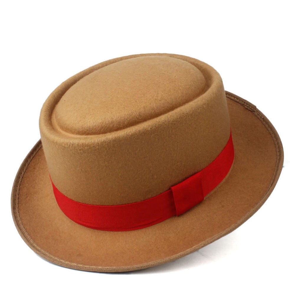 Unisex Men Women Pork Pie Hat with Red Ribbon Pop Jazz Hat Wool Flat Fedora Hat Size 58CM: Khaki