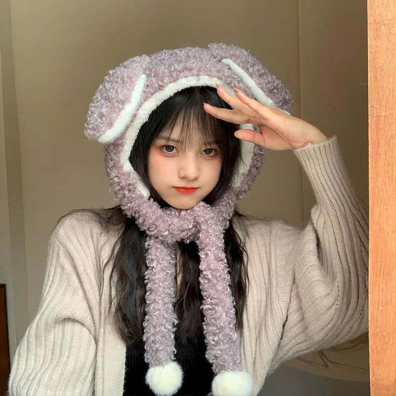 Female hat wild winter warm round face big face thinner hat scarf one Sweet and cute kawaii Bear ears Plush ball Matte: gray 02