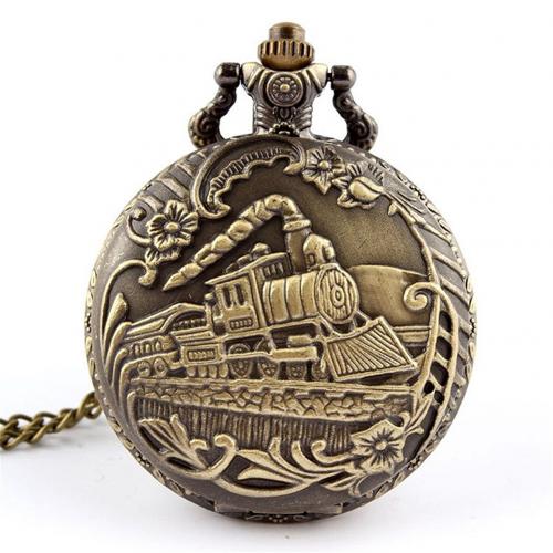 Unisex Antique Case Vintage Brass Rib Chain Train Pattern Quartz Pocket Watch: Default Title