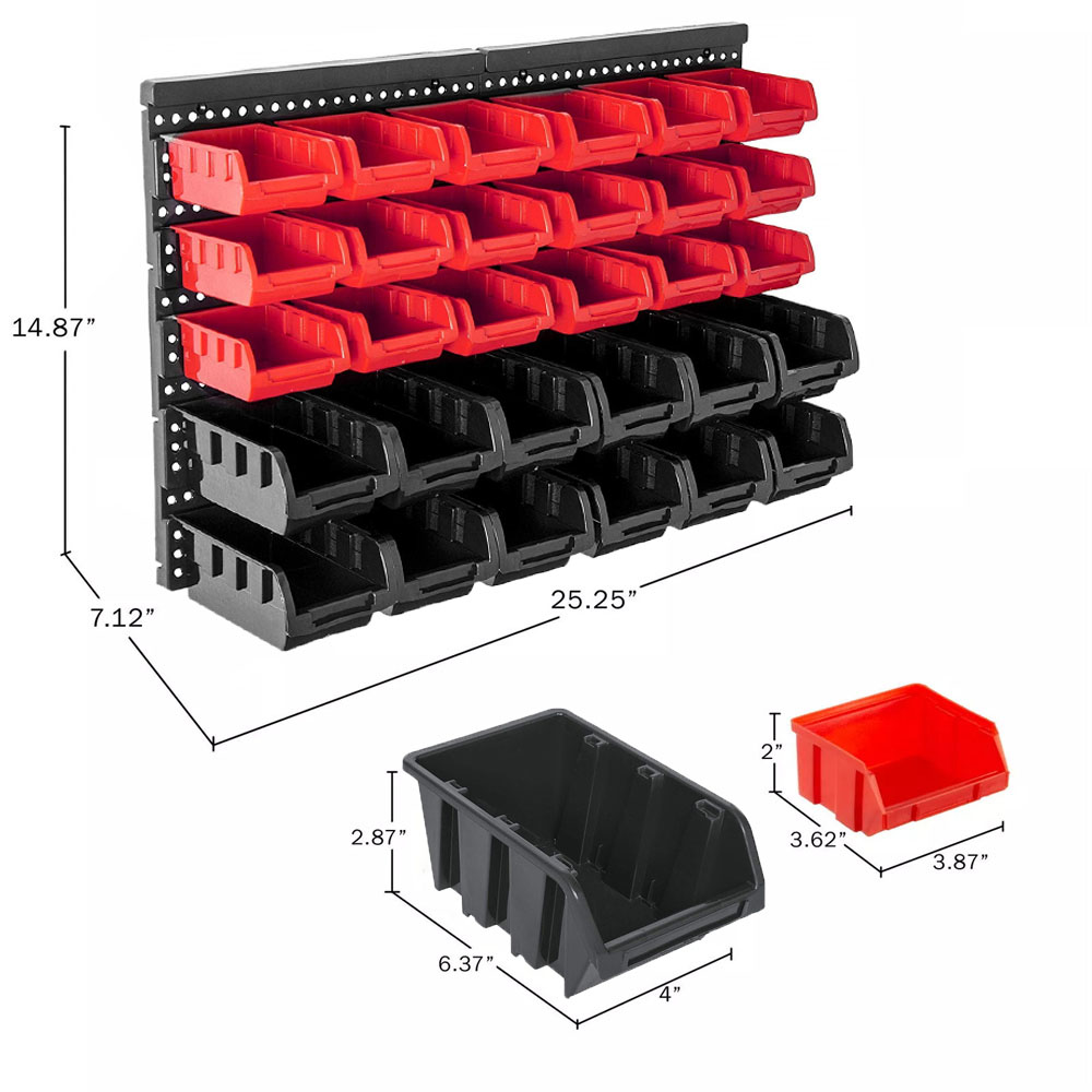 Wall Mounted Storage Bins 30-Bin Parts Rack Organizer Garage with Wall Panels Hooks Plastic Shop Tool for Screw Nails Storages