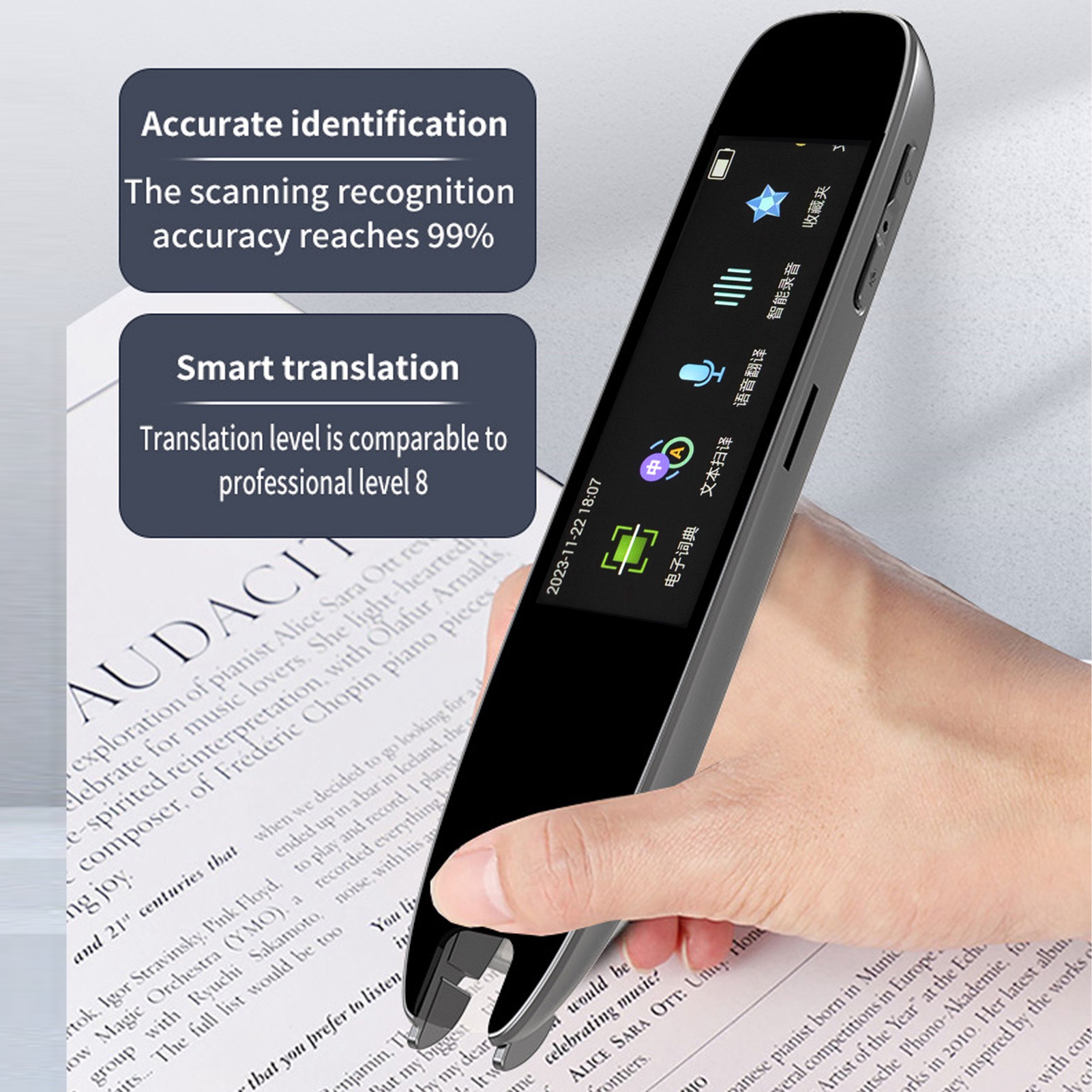 Escáner de bolígrafos, lector de bolígrafos, escaneo, traducción, línea sin línea, HD, pantalla táctil amigable con los ojos, lector de bolígrafos portátil para libros de texto, periódico
