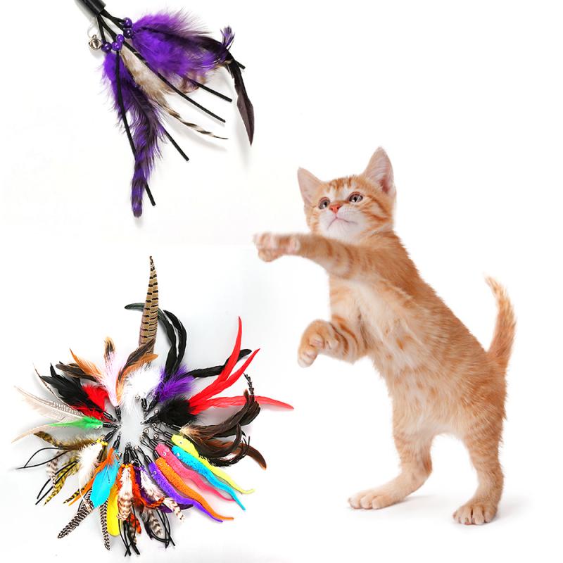 Cat Interactive Toy Stick Feather Wand With Mouse Cage Toys Plastic Artificial Colorful Cat Toy Supplies Replacement Head