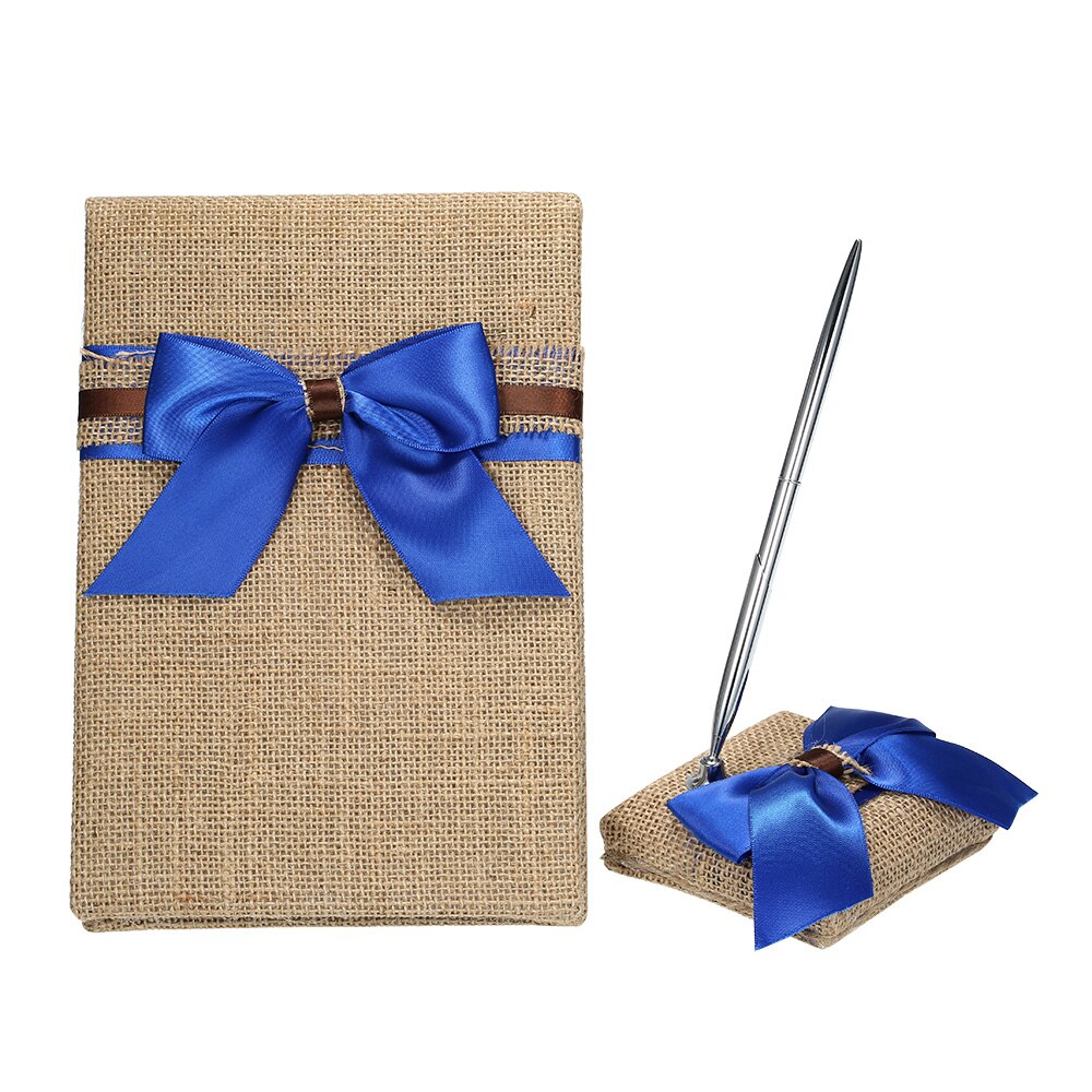 Wedding Guest Book and Pen Set Holder Burlap Decoration Rustic Wedding Ceremony: Deep Sapphire