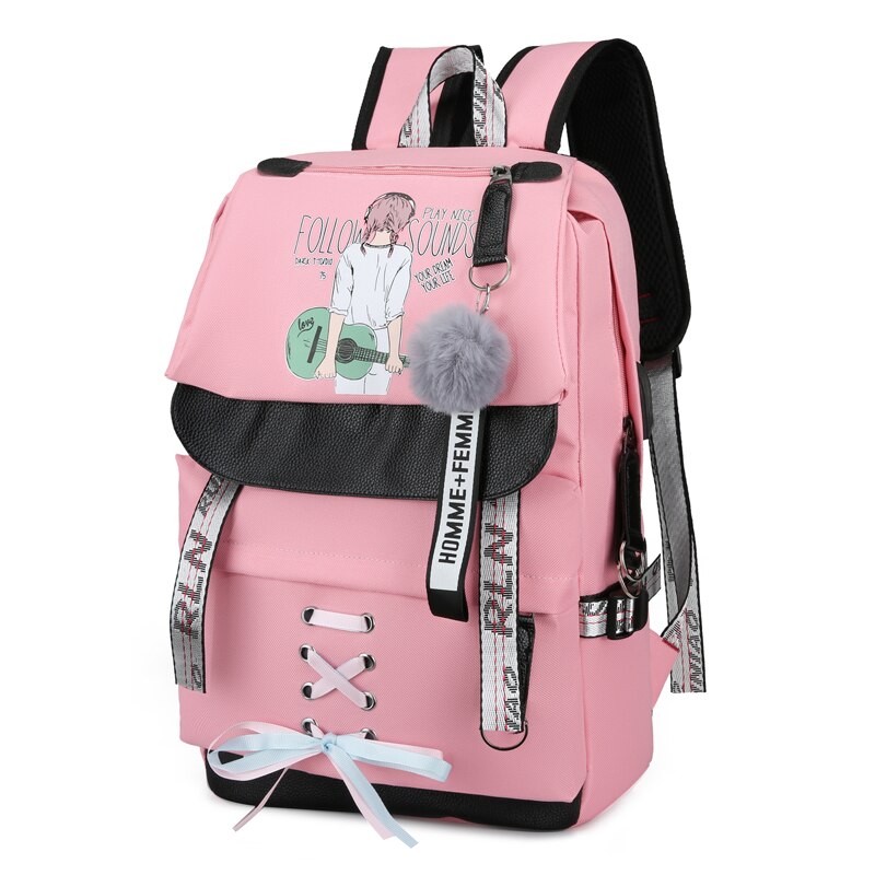 Toile Usb sacs d'école pour filles adolescents sac à dos femmes Bookbags noir grande capacité moyen collège adolescent cartable
