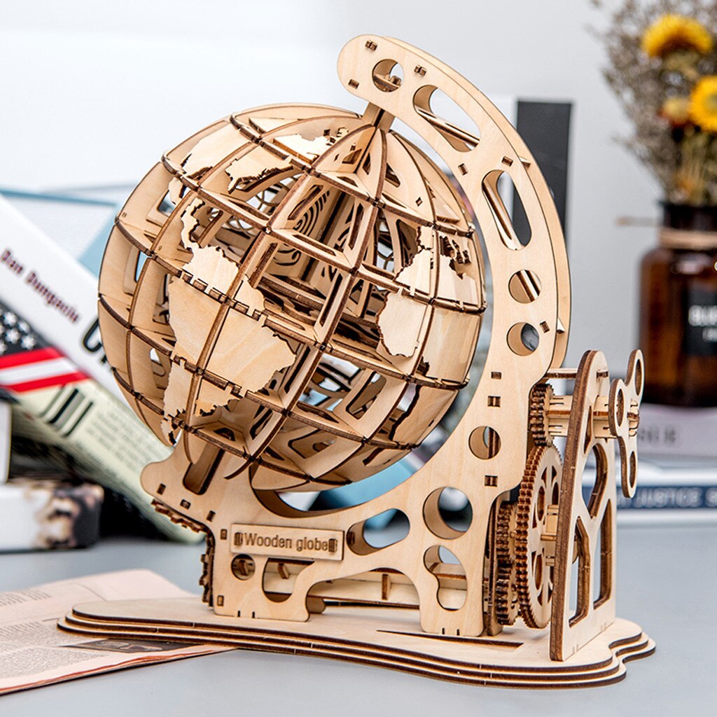 3D Houten Globes Puzzel Zelf Assembleren Mechanische Drive Diy Brain Teaser Draaibare Bol Berken Educationally Speelgoed