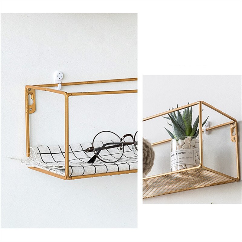 Estantes de hierro dorado para pared, manualidades de decoración de escritorio creativas de Metal, soportes de almacenamiento, organización de estantería flotante colgante para el hogar