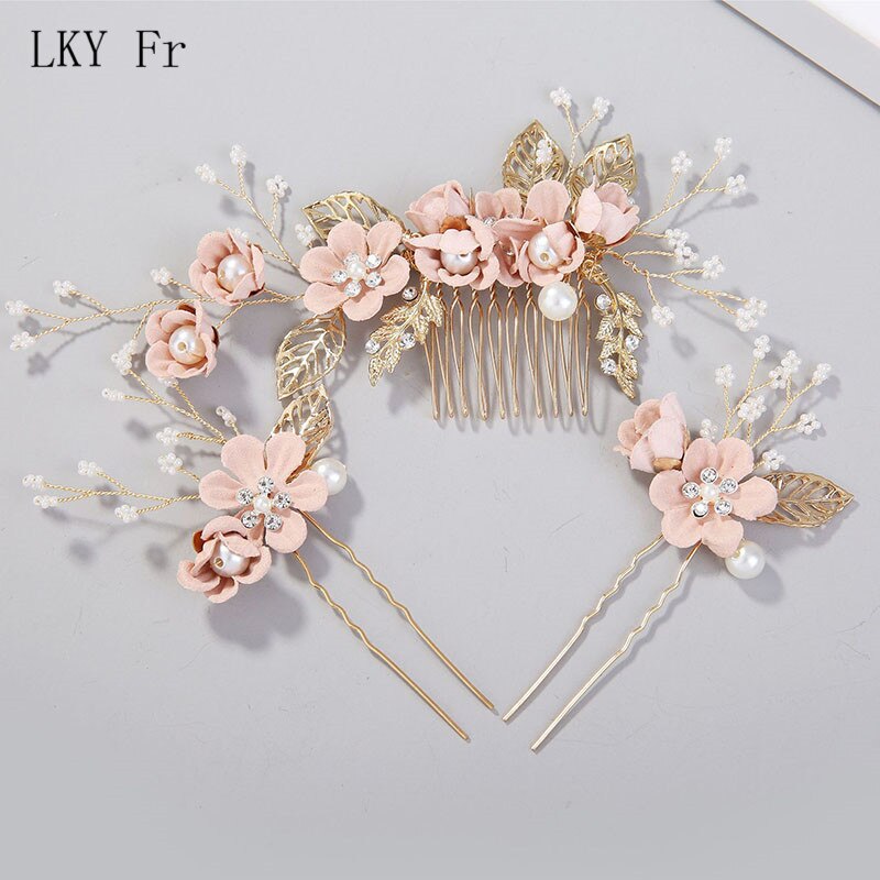 Lky fr bryllup hår tilbehør brude hovedbeklædning kamme guld blade brud hovedbeklædning perle hårnål blomster brud bryllup dekoration