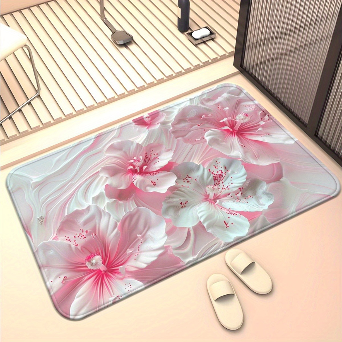 Pastel Pink Hibiscus Floor Mat: Soft Floral Pattern Anti-Slip Door Mat for Bathroom Living Room Kitchen Home Decor
