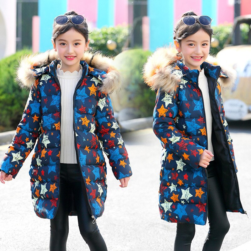 Children Winter Warm 5 Stars Big Fur Collar Hooded Jackets Girls Cotton-padded Outerwear Coats Girl Casual Jacket