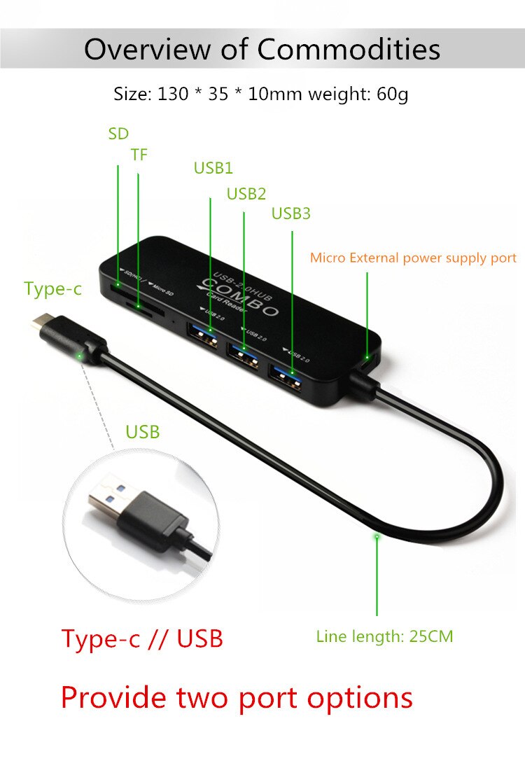 Usb Combo Hub Kaartlezer Draagbare 3 Poorten USB3.0 Divider Gecombineerd All In One Voor Sd Tf Voor Laptop Pc computer Mini Usb Hub