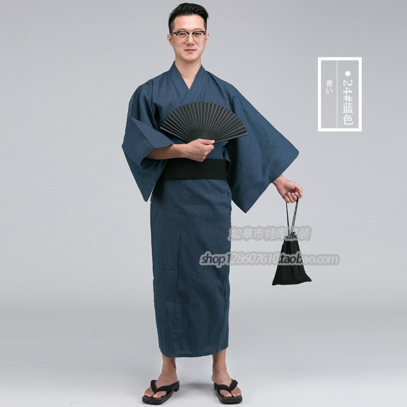 Male Traditional Japan Kimono Bathrobes Mens Cotton Robe Yukata Men Bath Robe Summer Sleepwear with Belt and fan A52601