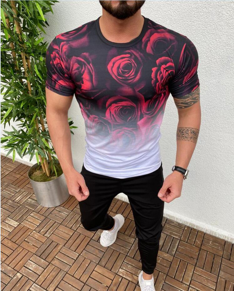 Merkki miesten vaatteet kaltevuus kukkia print slim fit miesten t-paita kesäinen o-neck fitness lyhythihainen t-paita miehelle: Punainen valkoinen / Xxxl