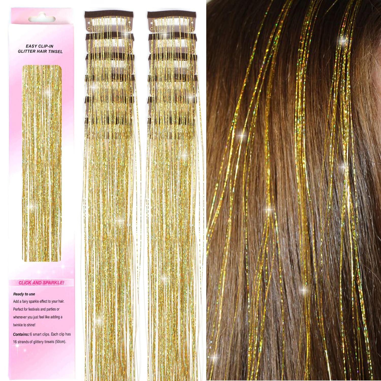 12 pièces Kit de Tinsel à Clipser pour Cheveux de 22 pouces Paillettes Extensions de Cheveux Tinsel Fée Colorées Résistantes à la Chaleur Accessoires de Fête et Festival pour Femmes | Mode