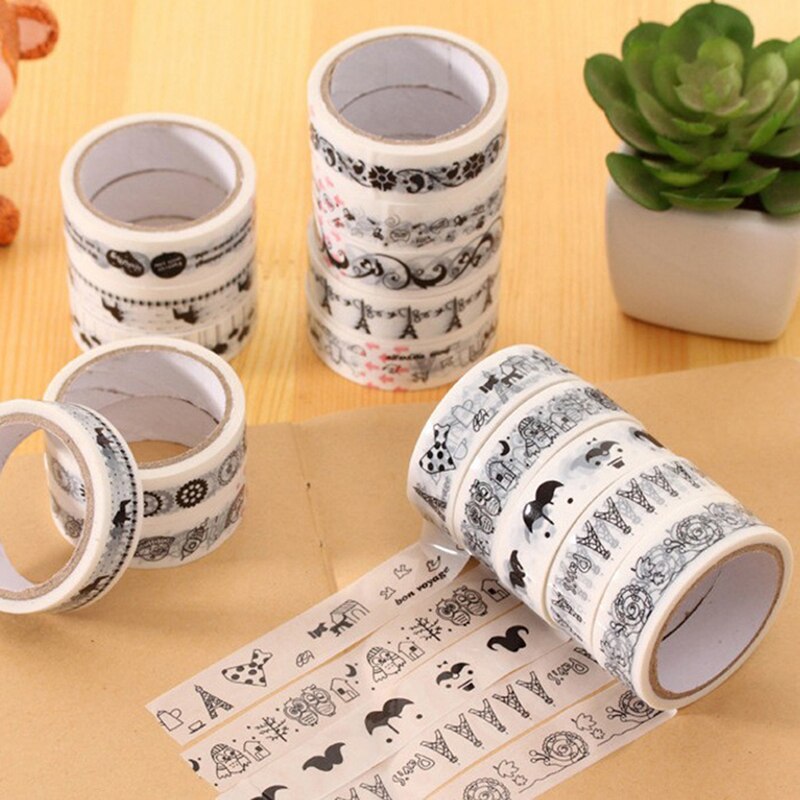 2pcs/set DIY Adhesive Tape Decorative Masking Tape 15mm*10m Scrapbooking Cartoon Adhesive Tape School Supplies Black and white