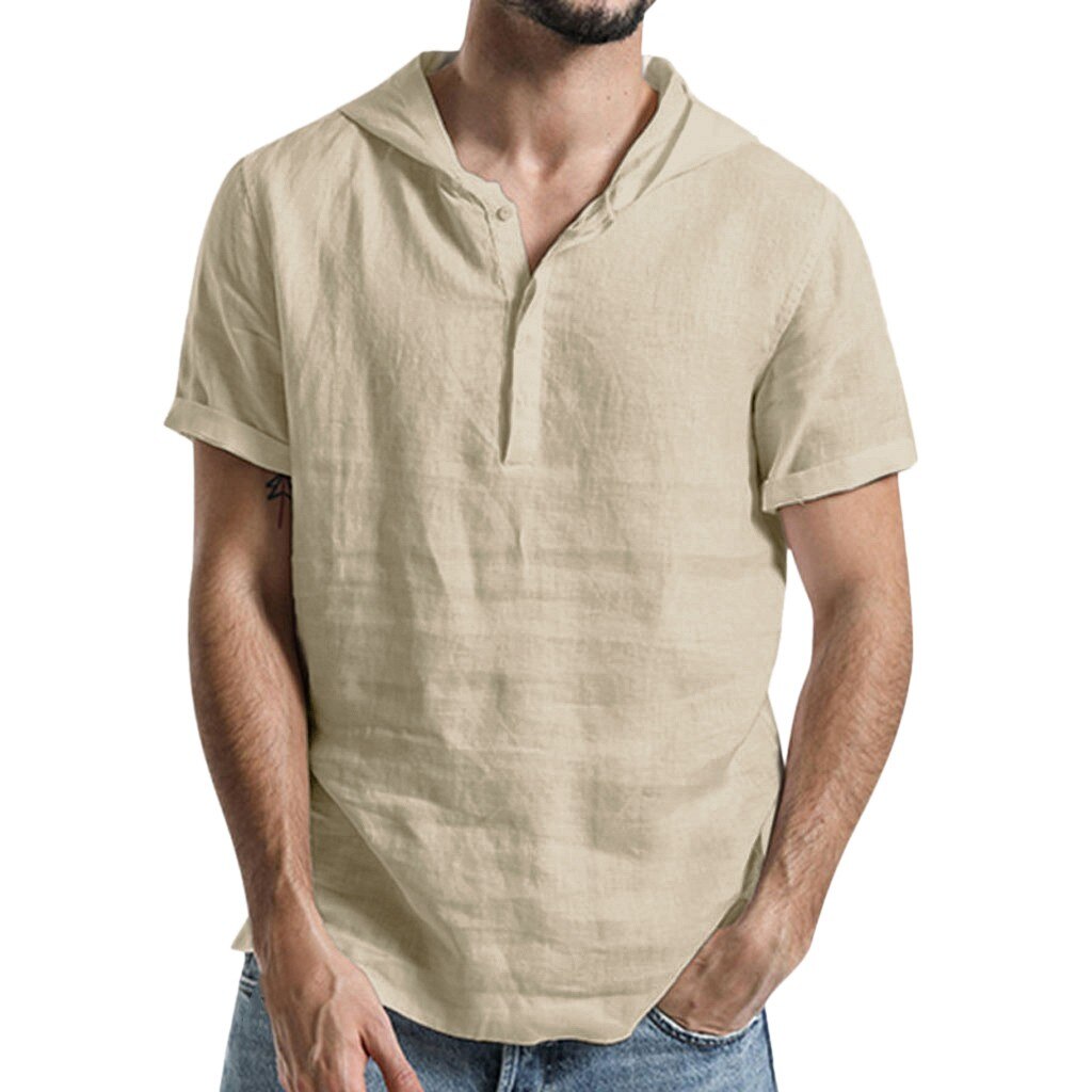 Sommer kortærmede skjorter herre 100%  hør khaki slim fit plus size toppe hættetrøje hvid khaki blå: Khaki / L