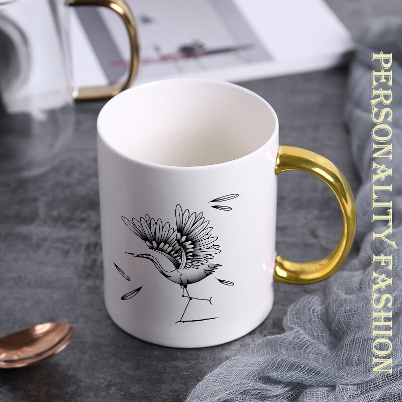 Creatieve Chinese Crane Mok Goud Handvat Keramische Koffie Mokken Thee Melk Bier Mok Water Cup Drinkware Cup KTDW-026