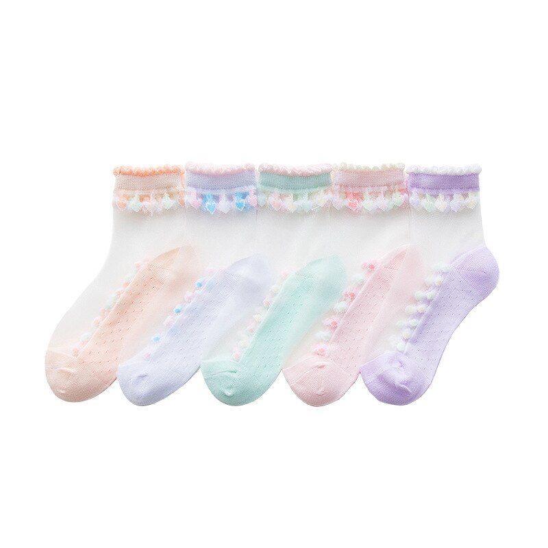 5 Paires/lot chaussettes filles printemps et été mince enfants chaussettes en cristal verre d'été glace bas dentelle filles princesse chaussettes: 12-15year