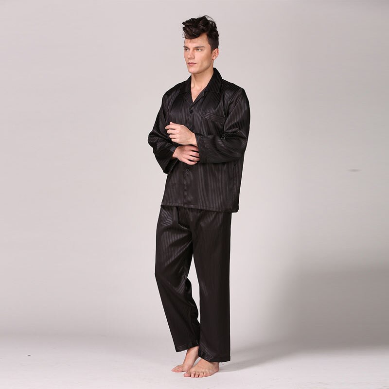 Pijama clásico de lujo con a rayas para hombre, ropa de dormir de manga larga, Tops, pantalones, Pijama de seda de hielo, conjunto