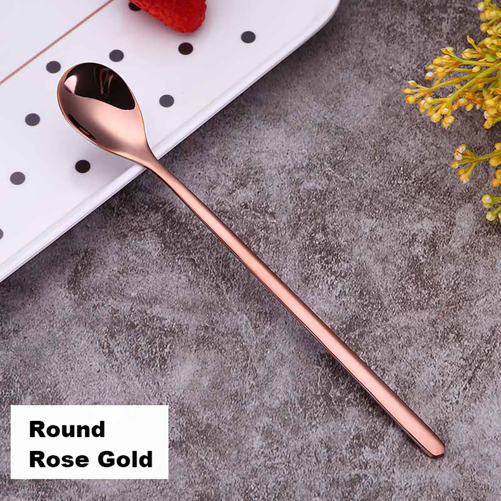 304 Roestvrij Staal Koffie Lepel Creatieve Plating Ijs Lepels Lange Steel Thee Lepels Keuken Gereedschap Drinken Bestek Kleurrijke: Round Rose Gold