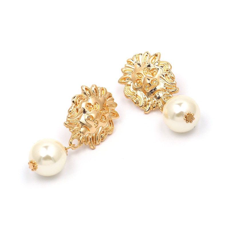 Vintage Lion Head Pearl Earrings for Women Trendy Gold Lion Head Big Dangle Earring Metal Baroque Ear Jewelry
