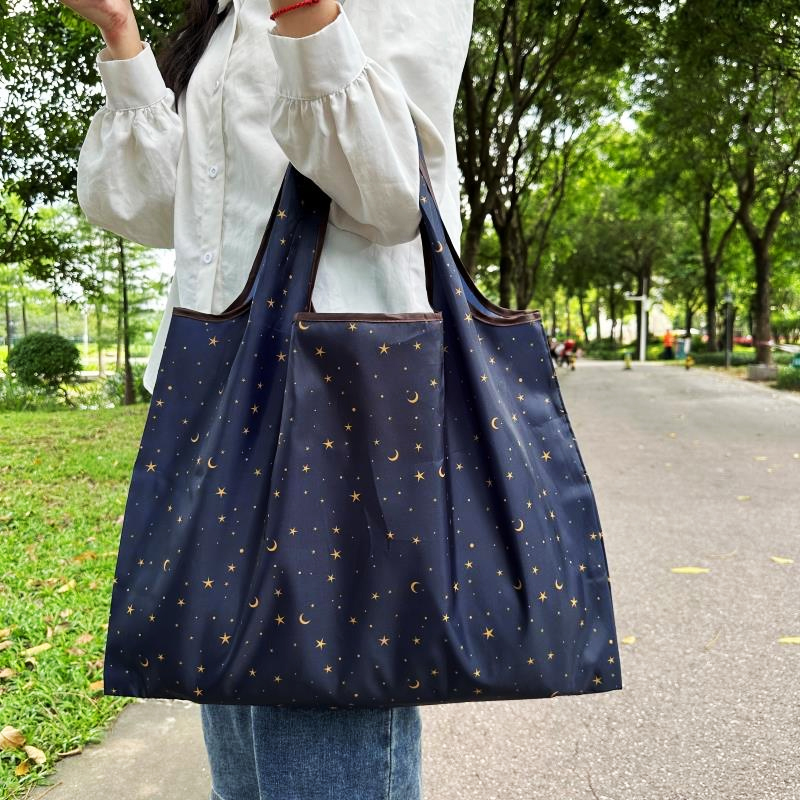 Pocket Tote Women Bag Eco-Friendly Folding Shopping Bag Reusable Portable Shoulder Handbag for Travel Supermarket